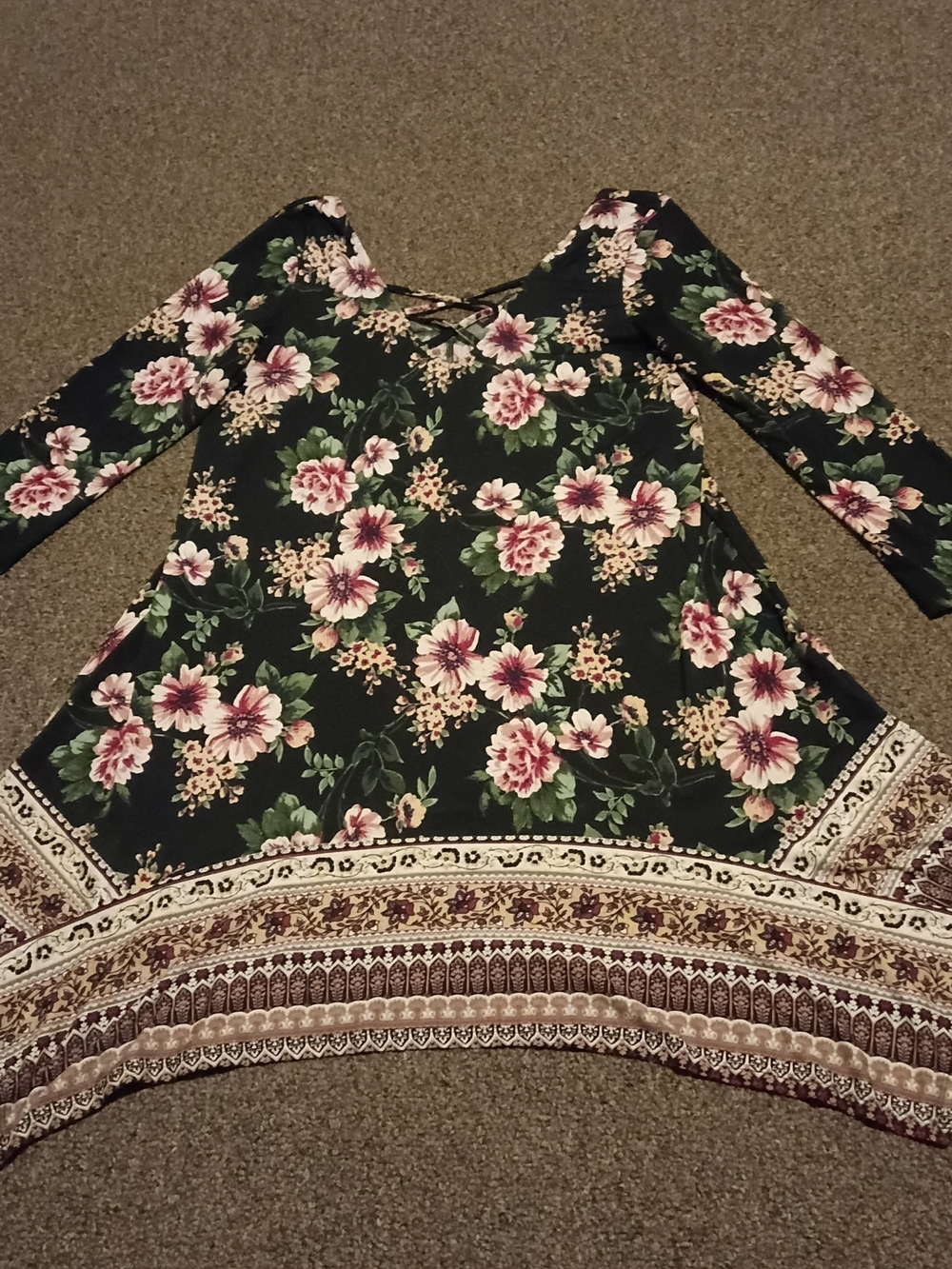 Three Pink Hearts Black Floral Lace-Up Tunic with Pink Blooms
